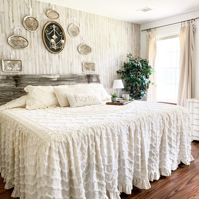 chenille bedspread, feature wall with weathered pine wallboard