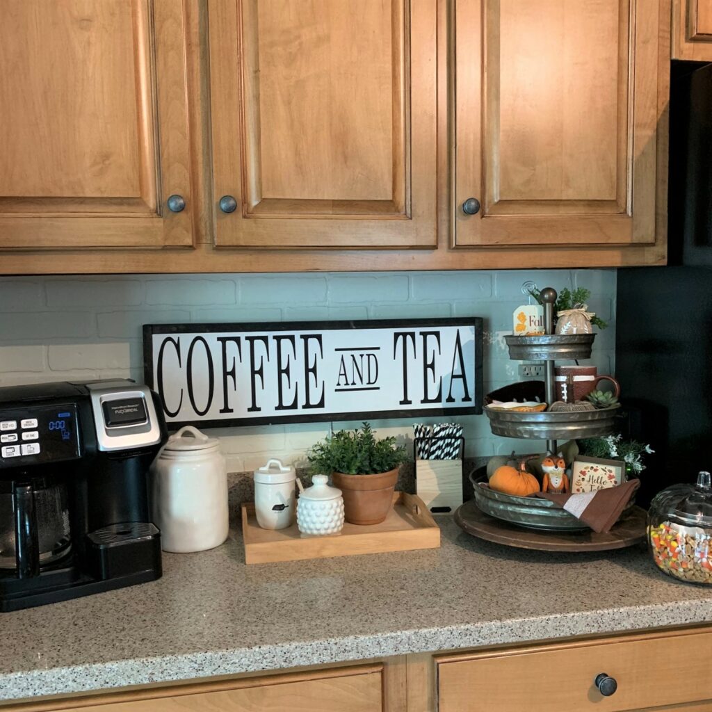 coffee bar with wood coffee and tea sign