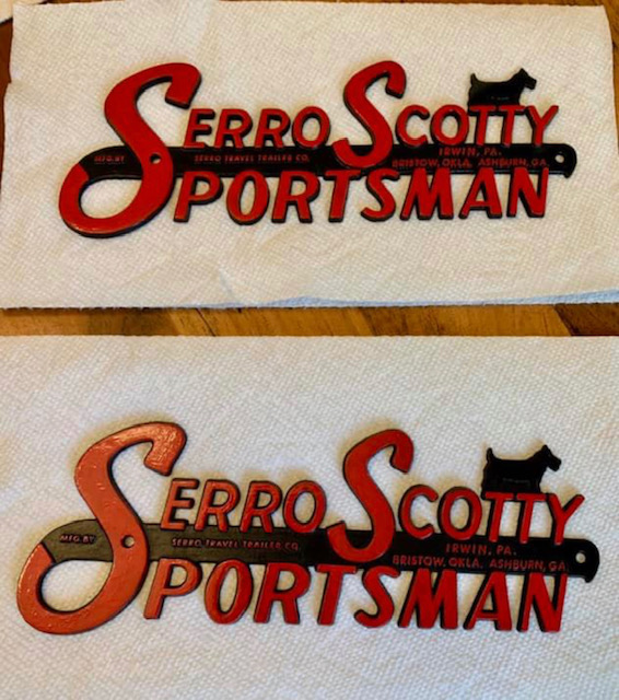 serro scotty sportsman, vintage serro scotty sportsman emblem, restored vintage serro scotty sportsman emblems