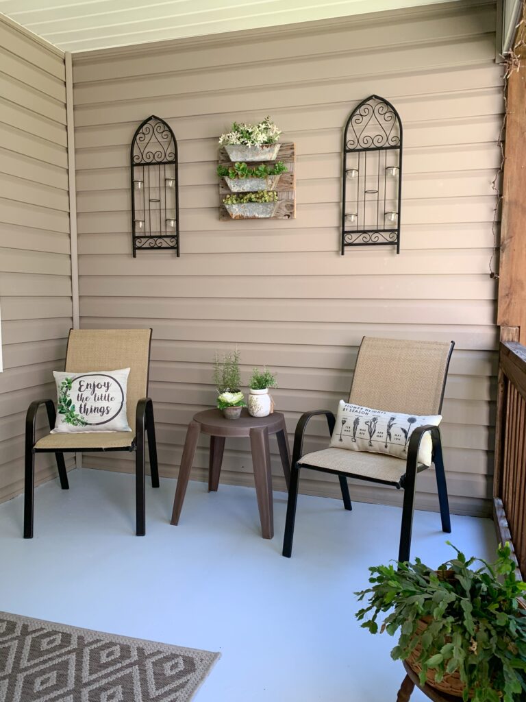 Seating area of porch with comfortable straight chairs from Ollie's, porch decor, sitting area, porch chairs