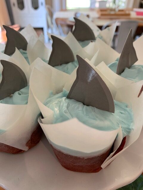 shark themed party food, shark week, party food, cupcakes, shark cupcakes