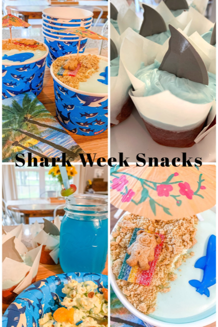 shark themed party food, shark week, party food, shark float drink, shark cupcakes, shark bait popcorn