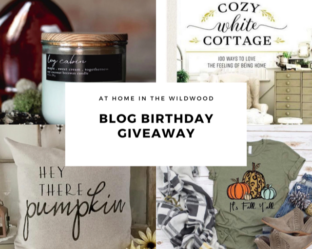 blog giveaway, candle, cozy white cottage book, hey there pumpkin pillow, fall t-shirt