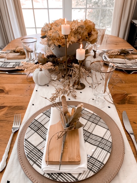 black and white and neutral themed fall tablescape