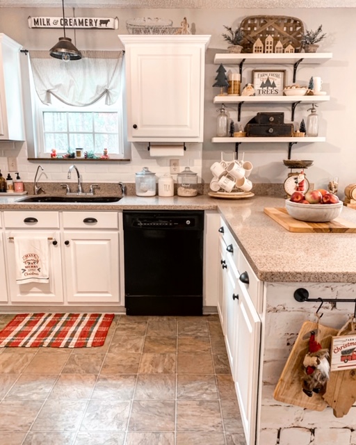 Cottage style kitchen decorated for Christmas