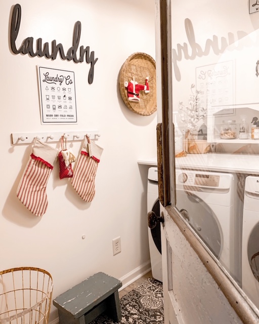 cottage style laundry room decorated for Christmas