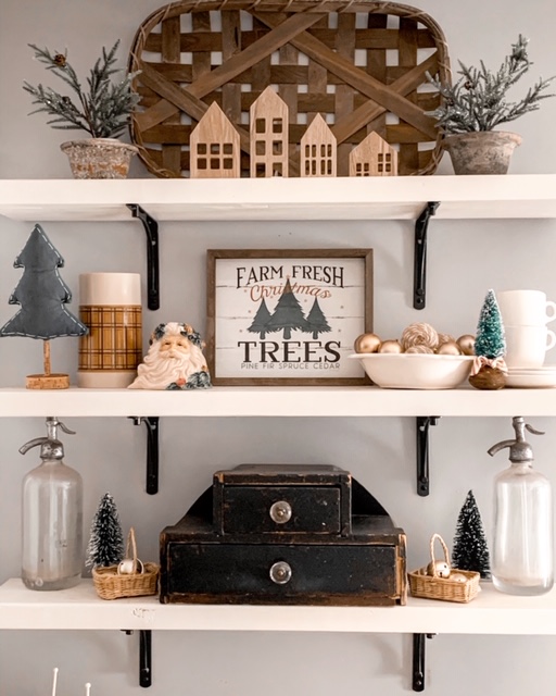 kitchen open shelving decorated with neutral Christmas decor