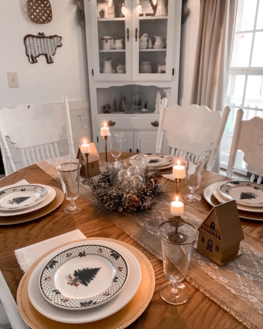 Dining room tablescape with neutral Christmas decor