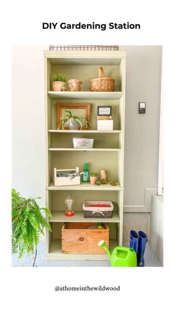 A repurposed book shelf turned into a gardening shelf