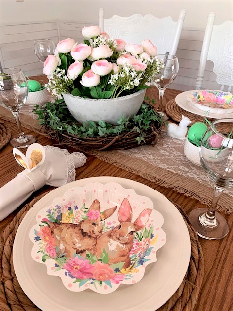 An Easter table setting using Pioneer Woman paper plates