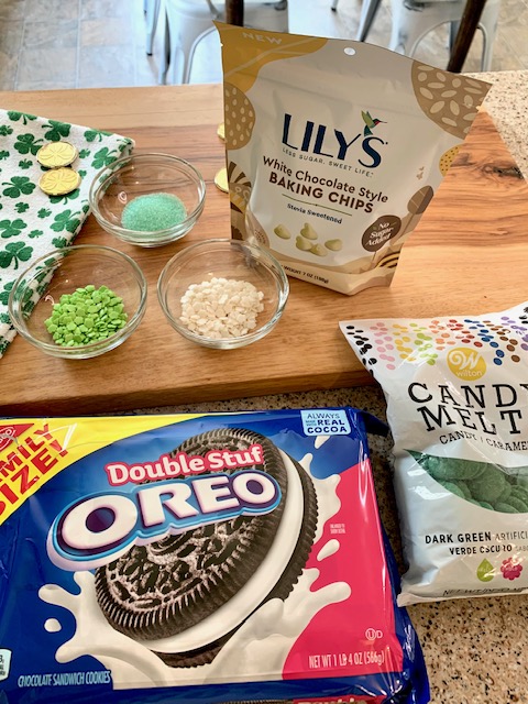Ingredients to make dipped Oreos for a St. Patrick's Day treat
