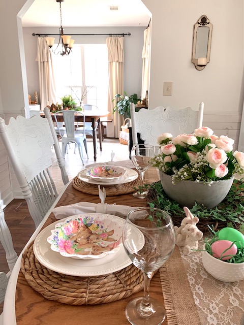 A simple Easter table scape using a mix of real dishes and paper products