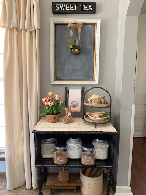 A baking station styled for spring and Easter