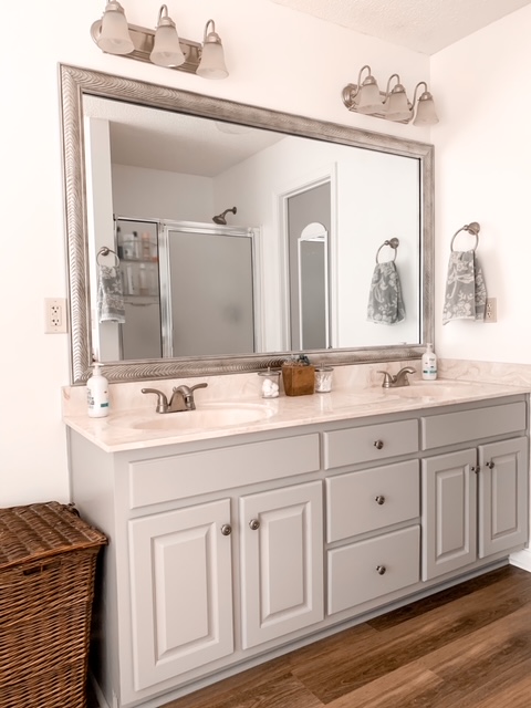 bathroom vanity painted in Smokey Wings by Behr