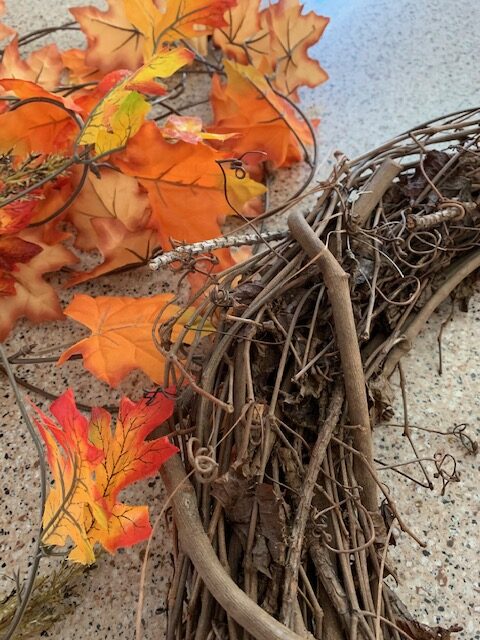 grape vine wreath and faux fall florals