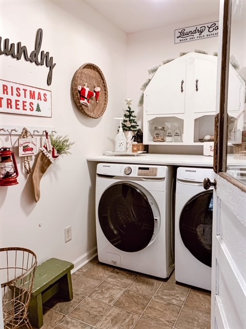 A farmhouse style laundry room decorated for Christmas