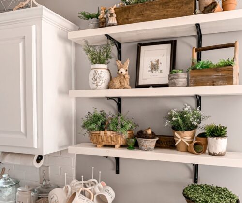 kitchen open shelves decorated for spring