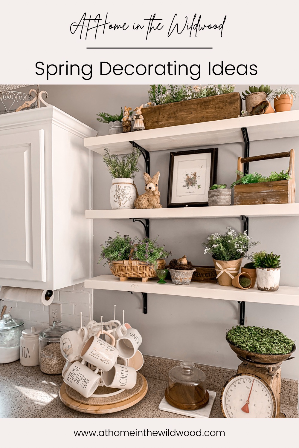 kitchen open shelves decorated for spring