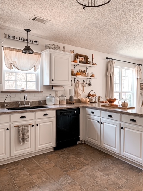 cottage kitchen decorated for fall