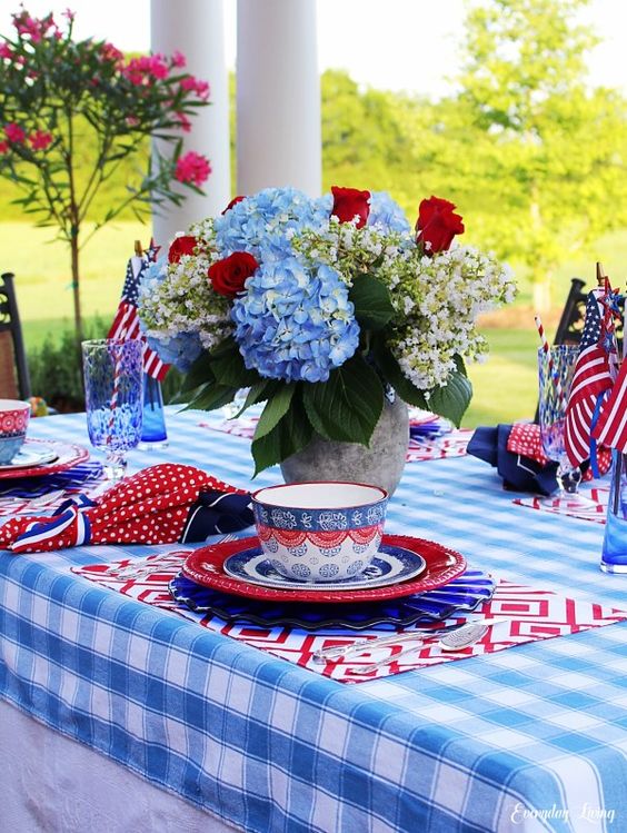 red white and blue flower arrangement