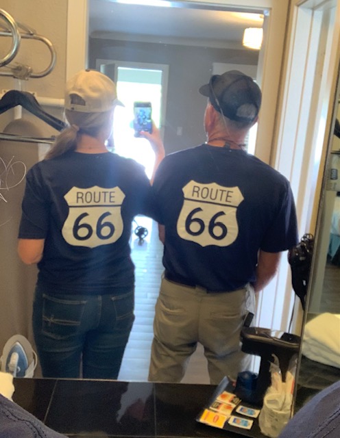 husband and wife wearing their Route 66 t-shirts
