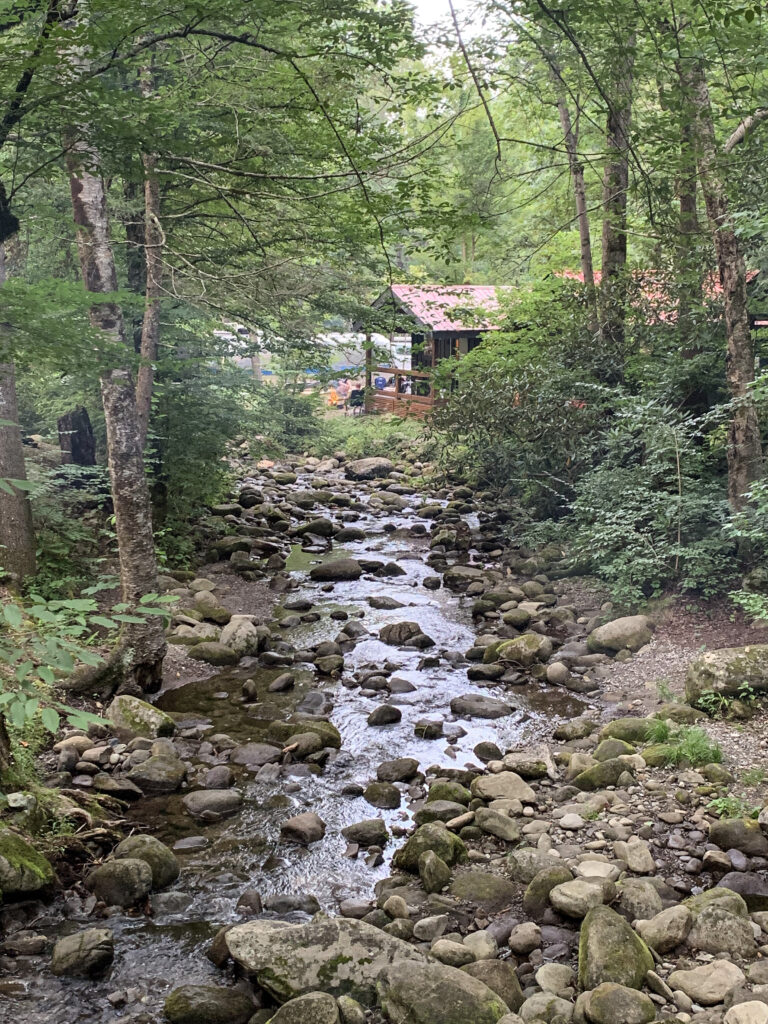 a beautiful mountain creek with a cabin in the distance